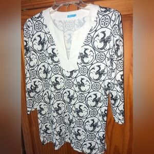 J McLaughlin black and white Celtic Dragon tunic. Size M
